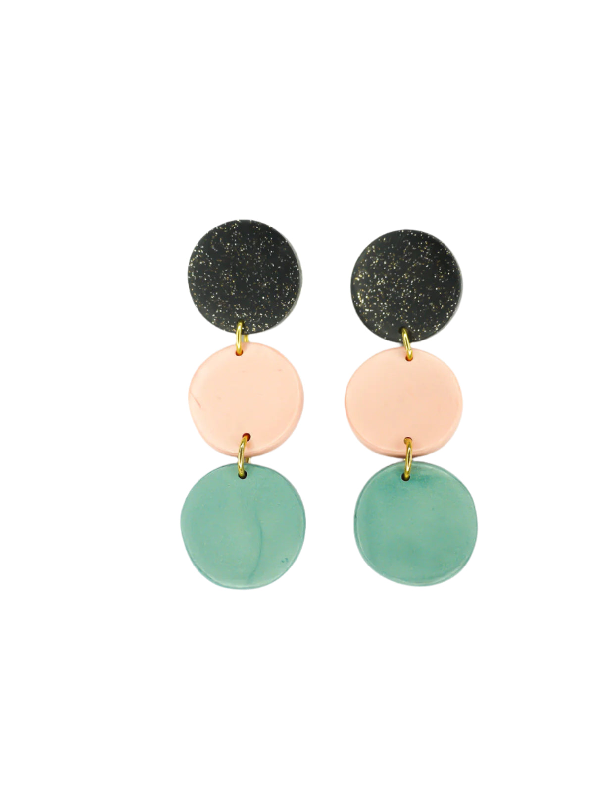 3 tier metallic drop circle statement earrings in black glitter, rose gold and turquoise with stainless steel posts made from lightweight polymer clay