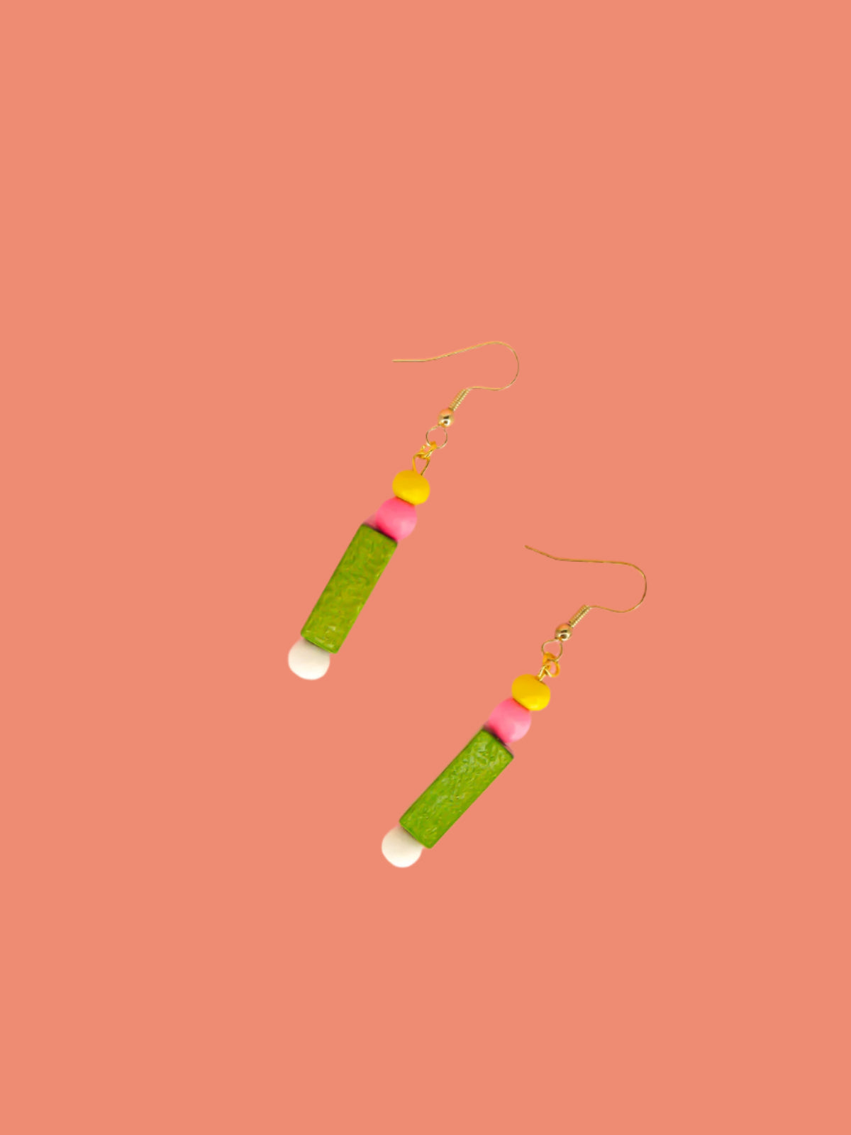 Colourful lightweight wooden bead dangle earrings comprising yellow, pink, green & white beads in various shapes and sizes, hung from gold plated ear wires