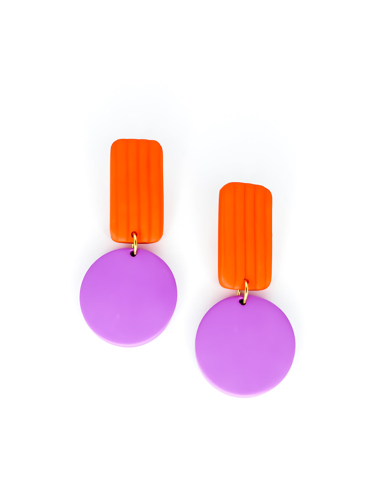 Pair of geometric earrings with striped orange rectangles and purple circles on a white background
