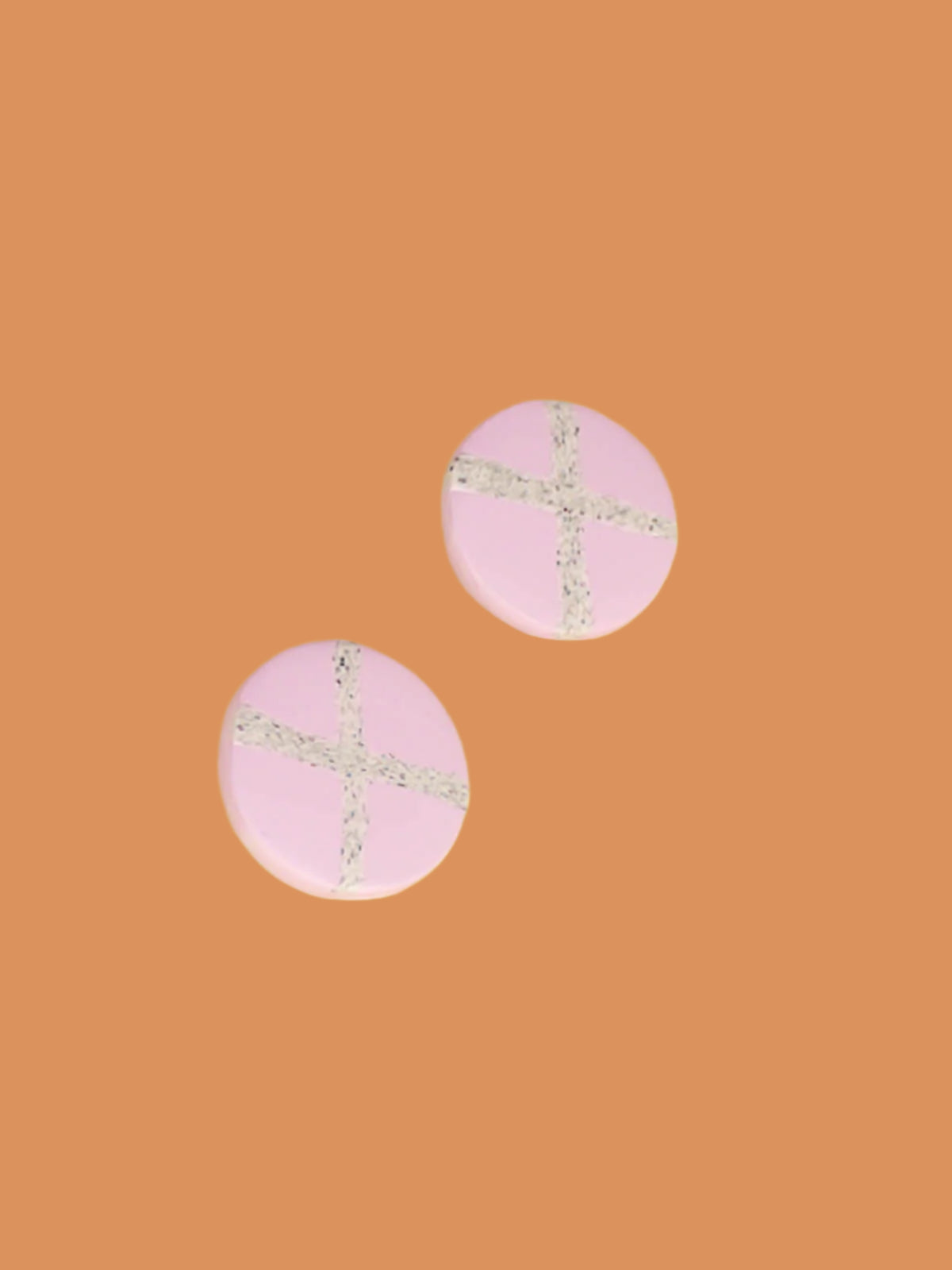 Lightweight geometric lilac polymer clay stud circle earrings with a granite cross in the centre
