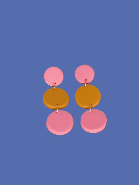 Pink & mustard colourful 3-tier circle dangle statement earrings. Lightweight, made out of polymer clay with stainless steel studs.