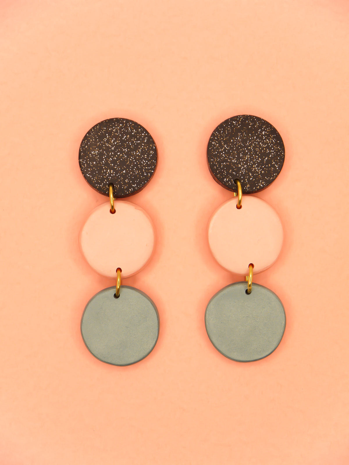 3 tier metallic drop circle statement earrings in black glitter, rose gold and turquoise with stainless steel posts made from lightweight polymer clay