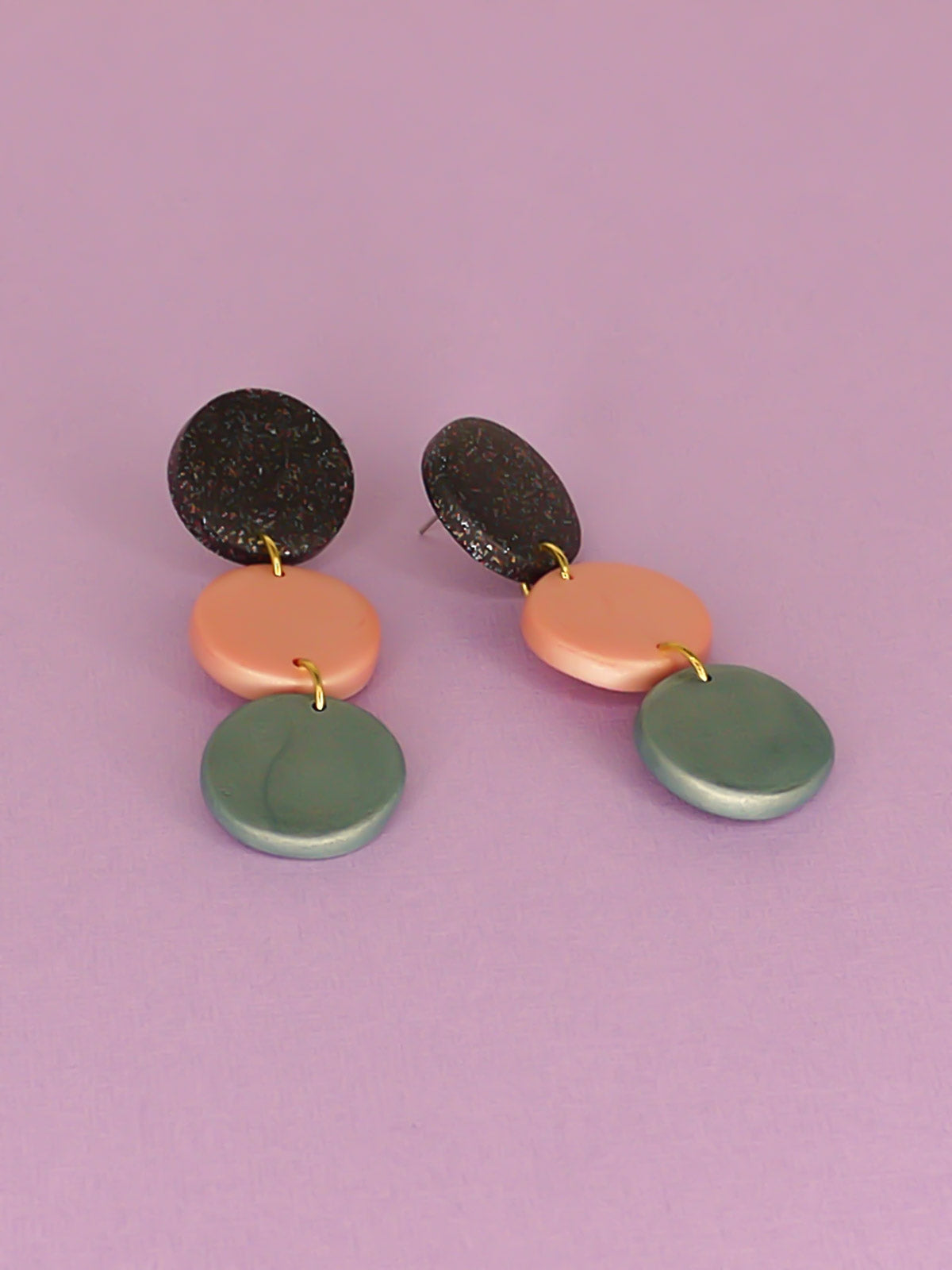 3 tier metallic drop circle statement earrings in black glitter, rose gold and turquoise with stainless steel posts made from lightweight polymer clay