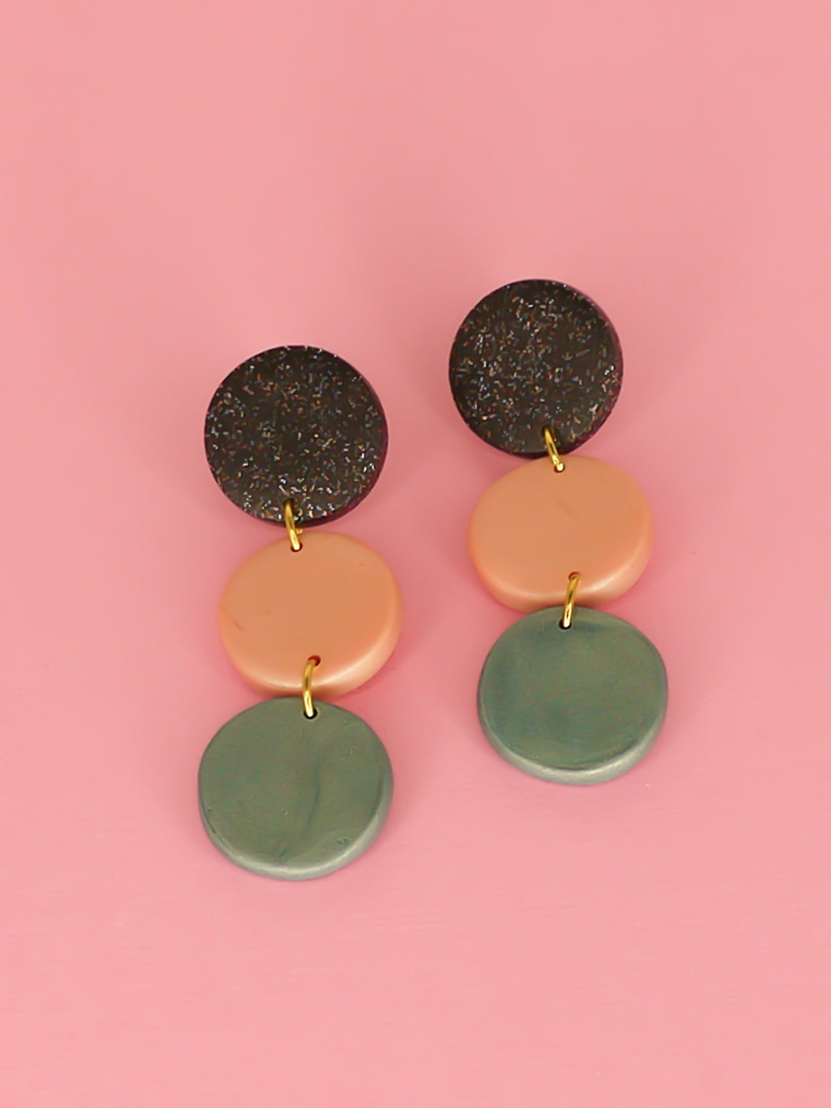 3 tier metallic drop circle statement earrings in black glitter, rose gold and turquoise with stainless steel posts made from lightweight polymer clay