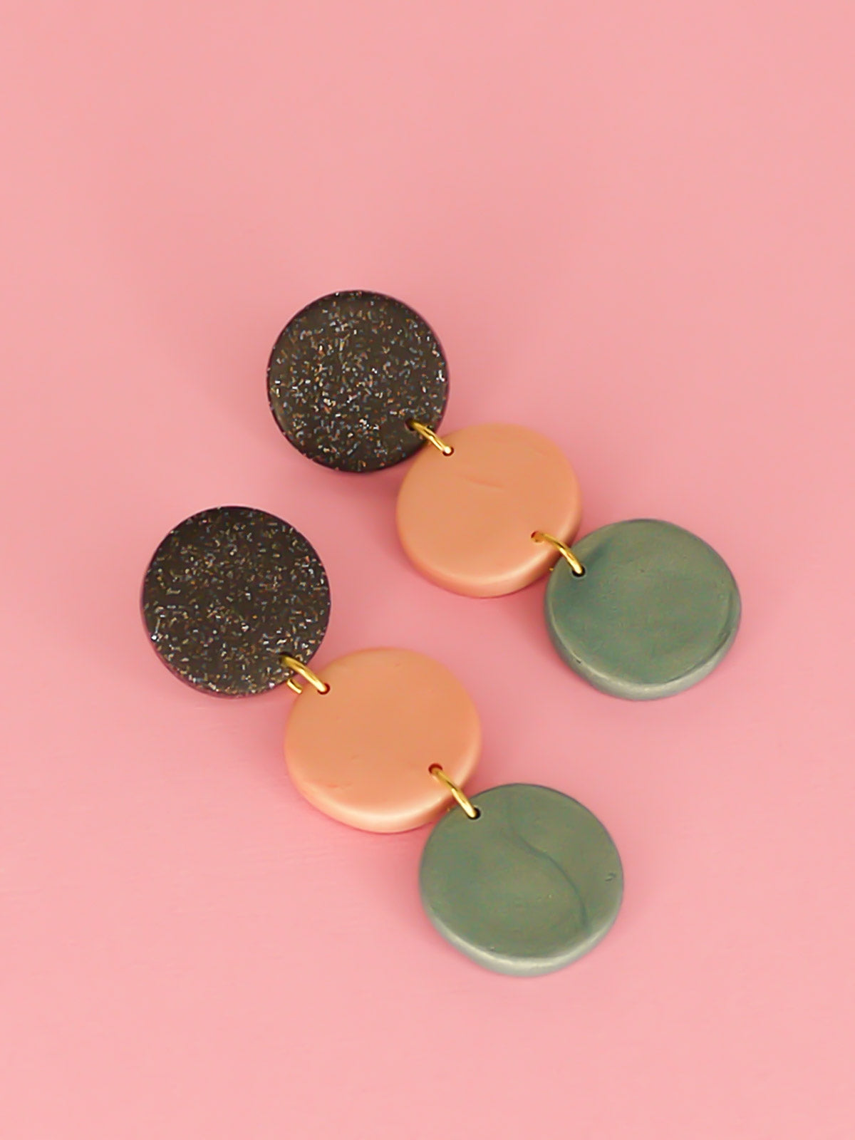 3 tier metallic drop circle statement earrings in black glitter, rose gold and turquoise with stainless steel posts made from lightweight polymer clay