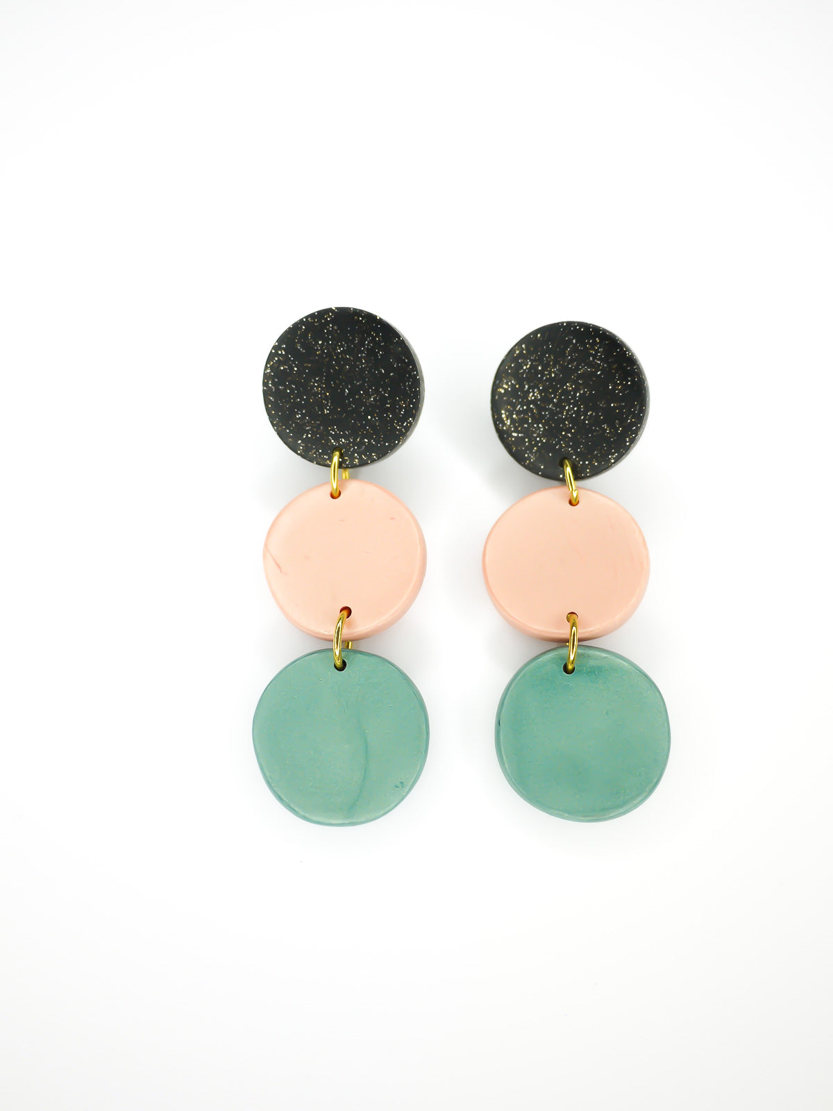 3 tier metallic drop circle statement earrings in black glitter, rose gold and turquoise with stainless steel posts made from lightweight polymer clay