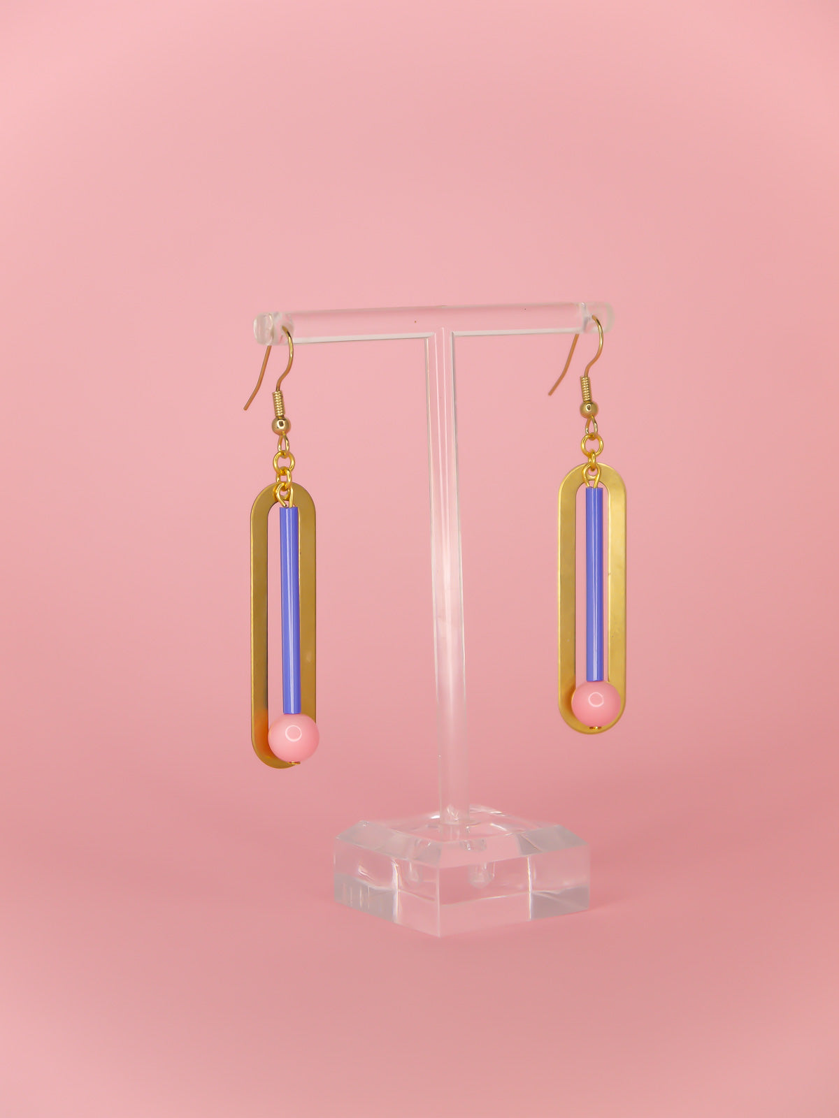 Blue & pink glass beads hung from a rectangle brass with gold plated ear wires