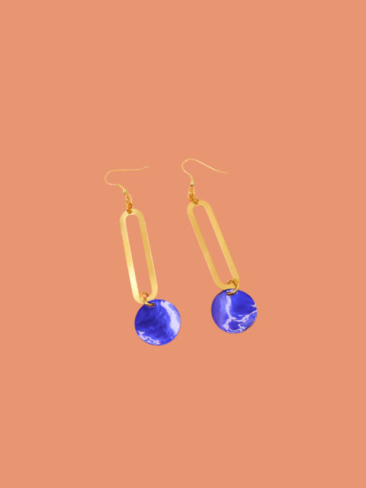 Long rectangle brass sticks with blue shell disks hung from gold plated ear wires