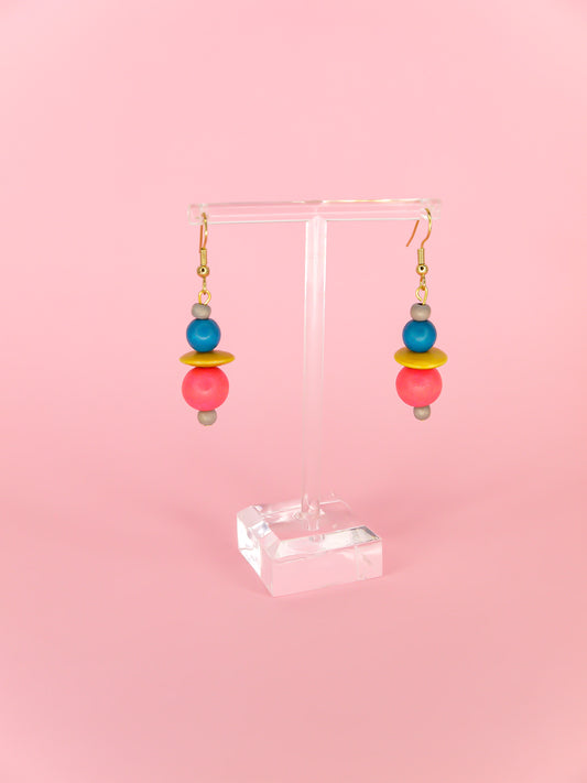 Colourful lightweight wooden bead dangle earrings in grey, blue, yellow & pink beads, hung from gold plated ear wires