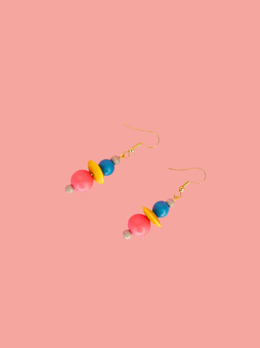 Colourful lightweight wooden bead dangle earrings in grey, blue, yellow & pink beads, hung from gold plated ear wires