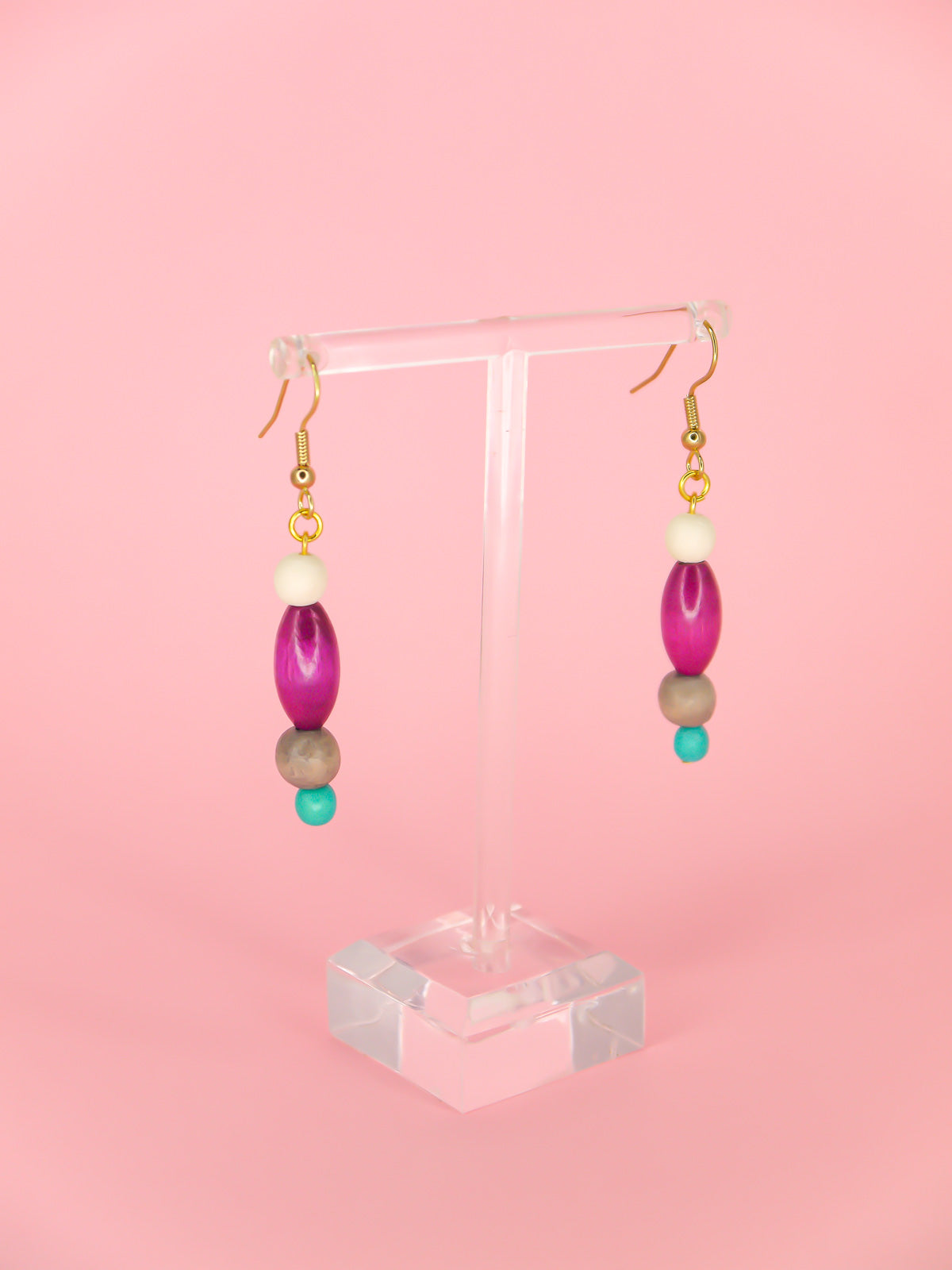 Colourful lightweight beaded dangle earrings in various shaped beads in white, purple, grey & blue, hung from gold plated ear wires