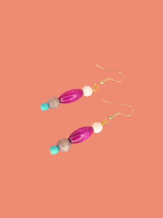 Colourful lightweight beaded dangle earrings in various shaped beads in white, purple, grey & blue, hung from gold plated ear wires