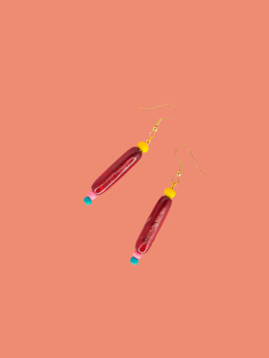 Colourful lightweight wooden bead dangle earrings of various shaped beads in yellow, mahogany, pink & blue, hung from gold plated ear wires