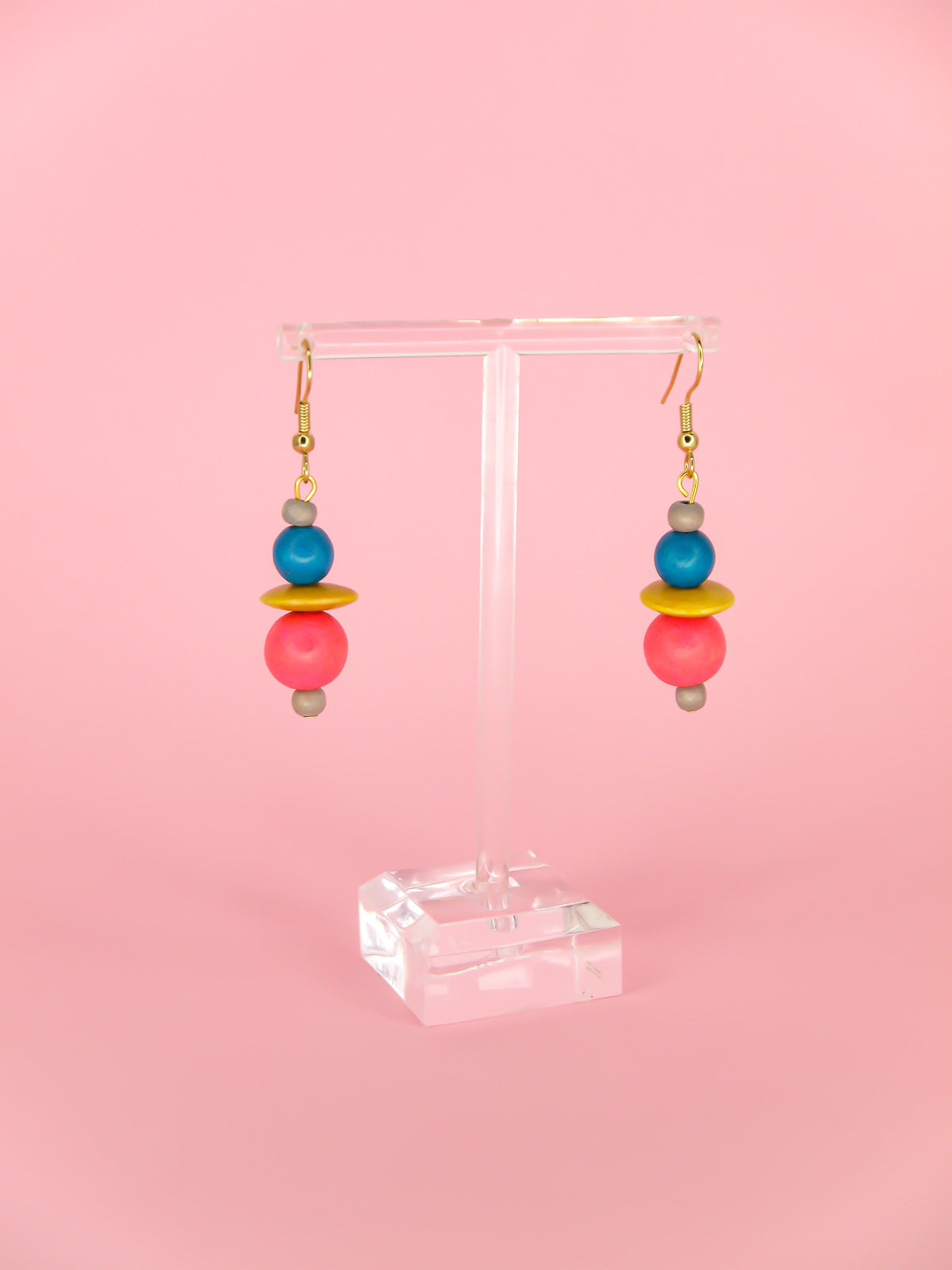 Colourful lightweight wooden bead dangle earrings in grey, blue, yellow & pink beads, hung from gold plated ear wires