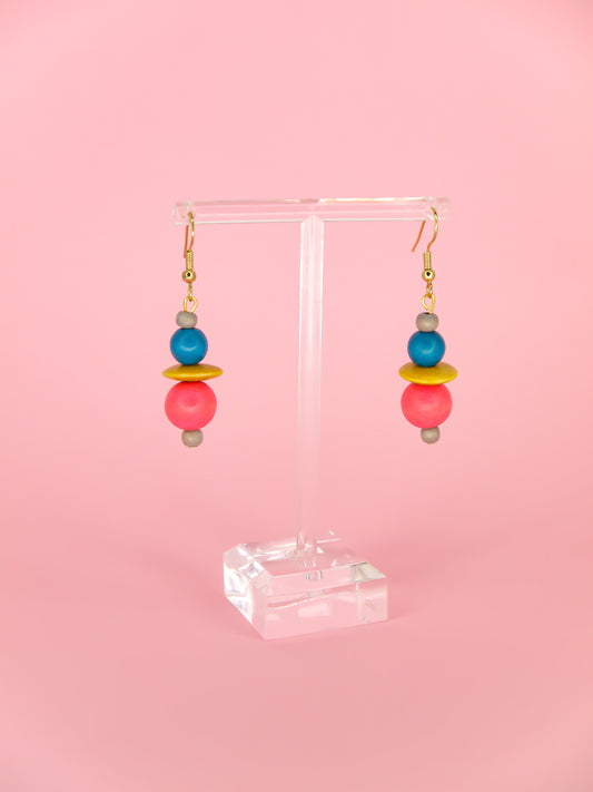 Colourful lightweight wooden bead dangle earrings in grey, blue, yellow & pink beads, hung from gold plated ear wires
