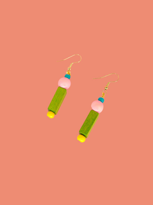 Colourful lightweight dangle earrings in various shaped wooden beads in blue, pink, green & yellow, hung from gold plated ear wires
