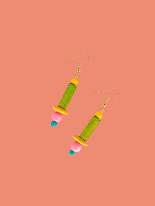 Colourful lightweight wooden bead earrings in various shaped beads in yellow, green, pink & blue, hung from gold plated ear wires