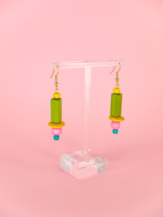 Colourful lightweight wooden bead earrings in various shaped beads in yellow, green, pink & blue, hung from gold plated ear wires