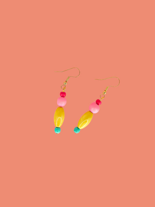 Colourful lightweight wooden bead earrings in various shapes in pink, yellow & blue beads, hung from gold plated ear wires