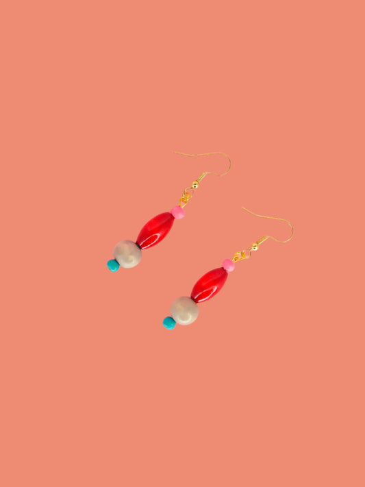 Colourful lightweight wooden bead dangle earrings in various shaped beads in pink, red, grey & blue, hung from gold plated ear wires