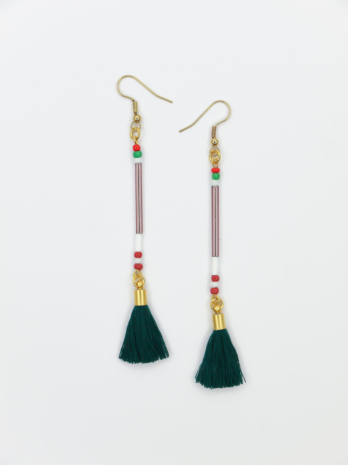 Lightweight long delicate bead stick dangle earrings with lilac glass tube beads & contrasting seed beads in green, white & red, paired with a dark green cotton tassel. Hung from gold plated nickel free ear wires.