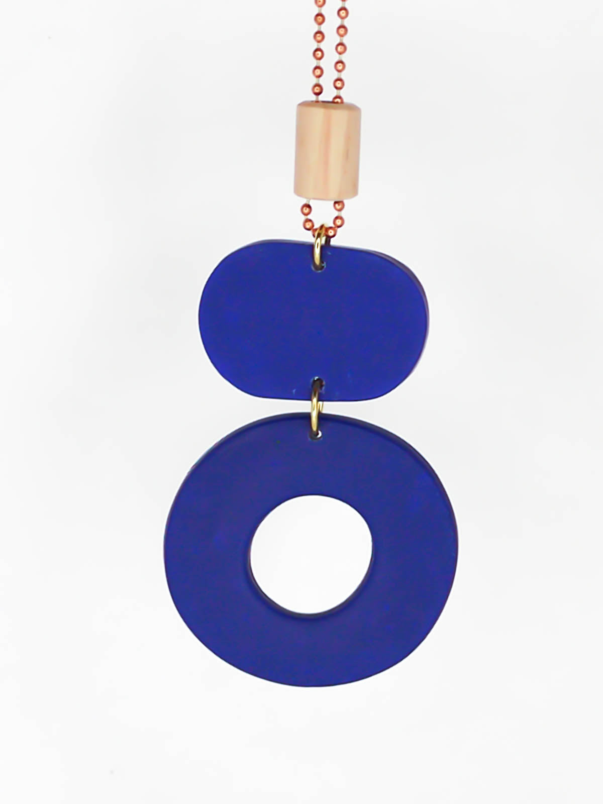 Geometric polymer clay pendant necklace with cobalt blue hoop circle, rectangle & a wooden tube bead strung on a copper ball chain