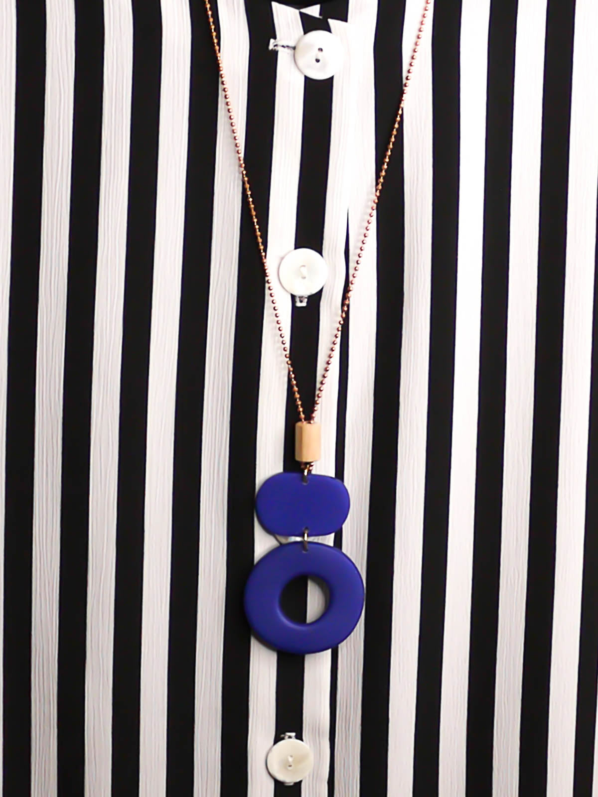 Geometric polymer clay pendant necklace with cobalt blue hoop circle, rectangle & a wooden tube bead strung on a copper ball chain