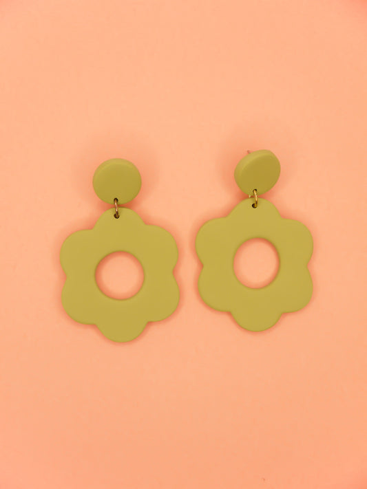 Large green polymer clay flower hoop earrings in pastel green with stainless steel posts