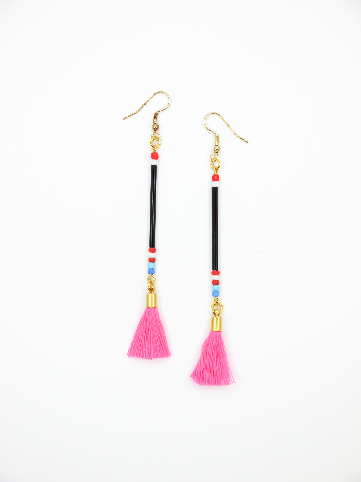 Long delicate bead tassel dangle earrings with black glass beads & multicoloured seed beads with a hot pink cotton tassel hung from gold plated nickel free ear wires