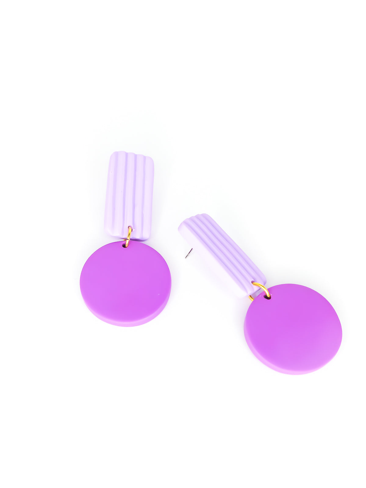 Pair of purple geometric earrings with striped rectangles on a white background
