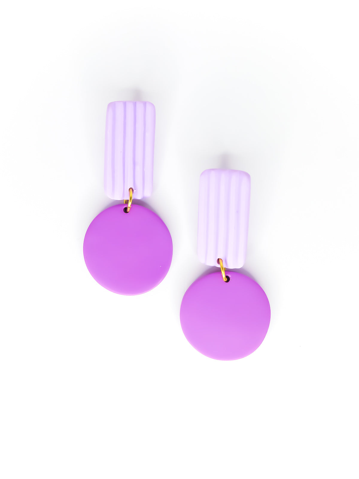 Pair of purple geometric earrings with striped rectangles on a white background