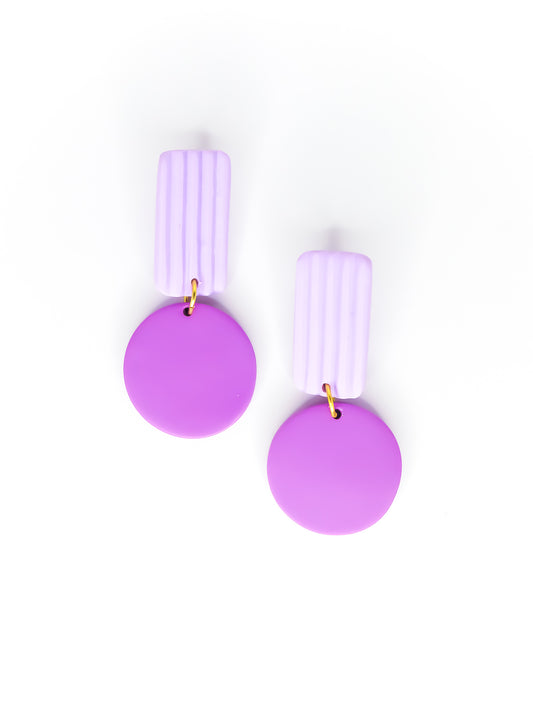 Pair of purple geometric earrings with striped rectangles on a white background