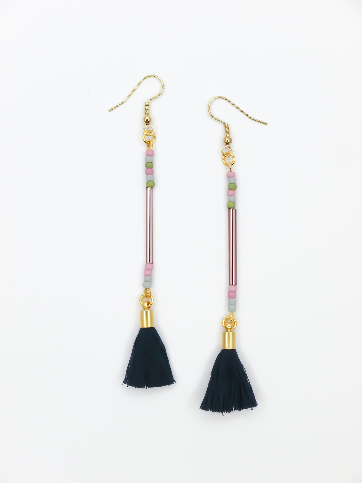 Long delicate bead stick dangle earrings with a lilac glass tube bead & seed beads in green, pink & grey, paired with a navy tassel and hung from gold plated nickel free ear wires