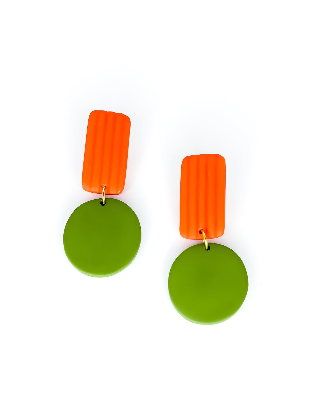 Pair of geometric earrings with green round pendants and orange rectangular striped tops on a white background