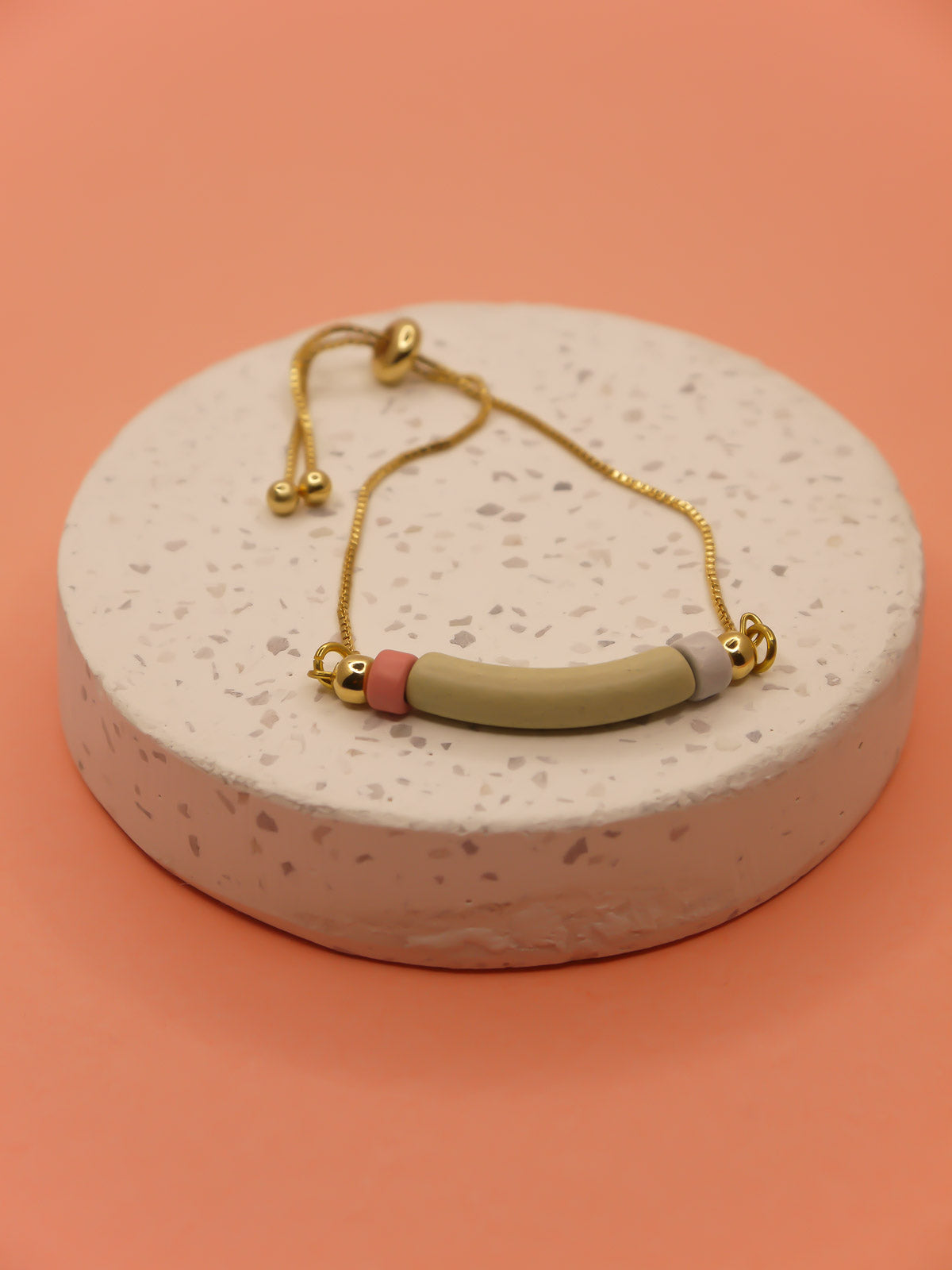 Pistachio curved ceramic bead gold chain bracelet