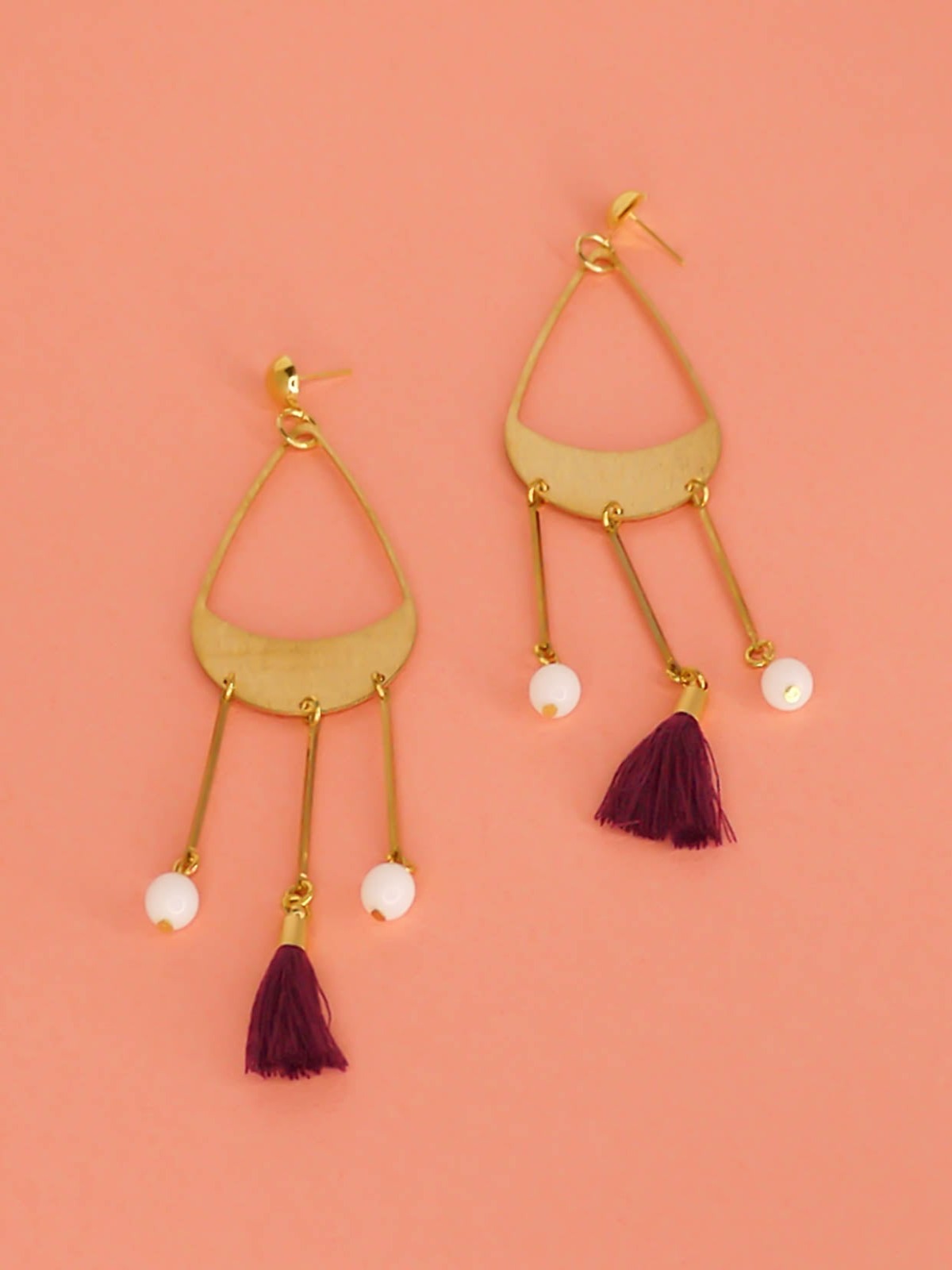 Brass teardrop chandelier long dangle earrings with brass sticks with white glass beads and a violet purple tassel hung from gold plated brass studs