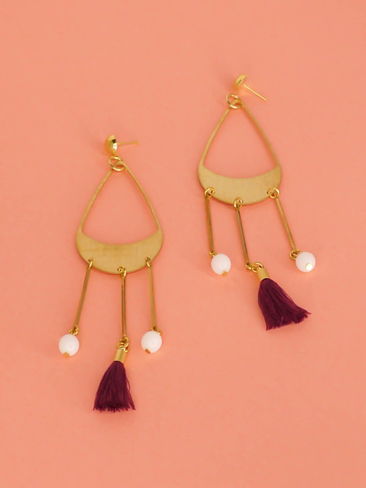 Brass teardrop chandelier long dangle earrings with brass sticks with white glass beads and a violet purple tassel hung from gold plated brass studs