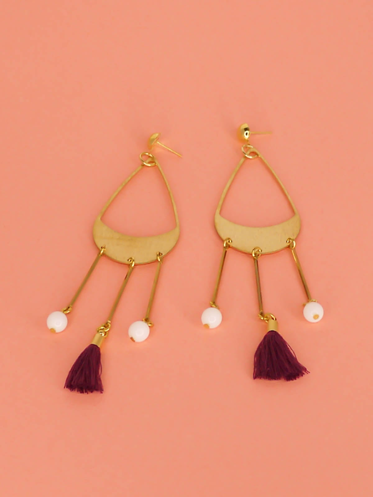 Brass teardrop chandelier long dangle earrings with brass sticks with white glass beads and a violet purple tassel hung from gold plated brass studs