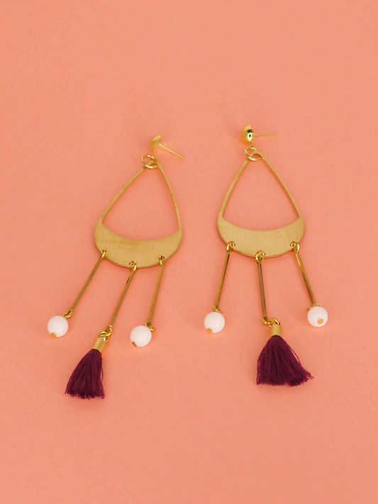 Brass teardrop chandelier long dangle earrings with brass sticks with white glass beads and a violet purple tassel hung from gold plated brass studs