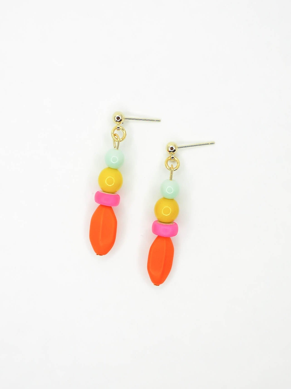 Colourful bright bead drop earrings made of a mix of glass, wood and resin beads in multi colours of mint, yellow, hot pink and orange. Hung from 24k gold plated brass ball studs.