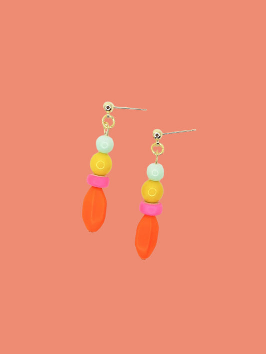Colourful bright bead drop earrings made of a mix of glass, wood and resin beads in multi colours of mint, yellow, hot pink and orange. Hung from 24k gold plated brass ball studs.