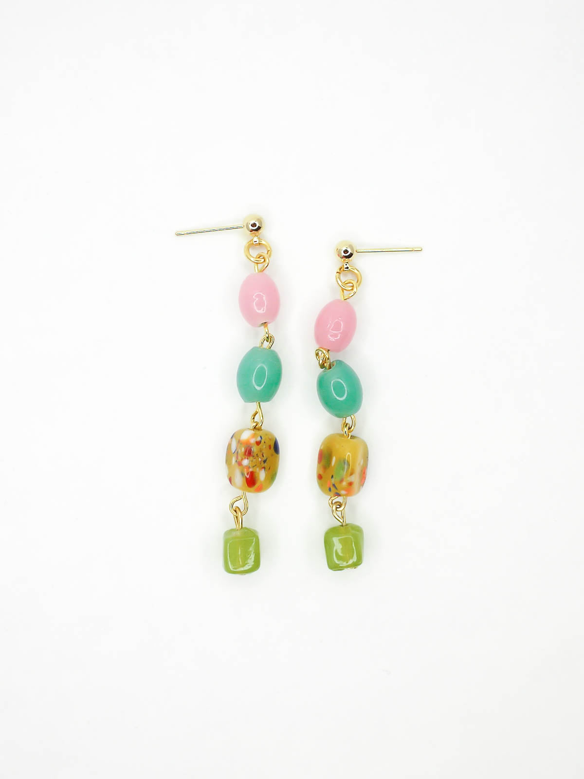 Colourful long glass bead dangle earrings in pink, green, yellow & turquoise hung from 24k gold plated ball studs