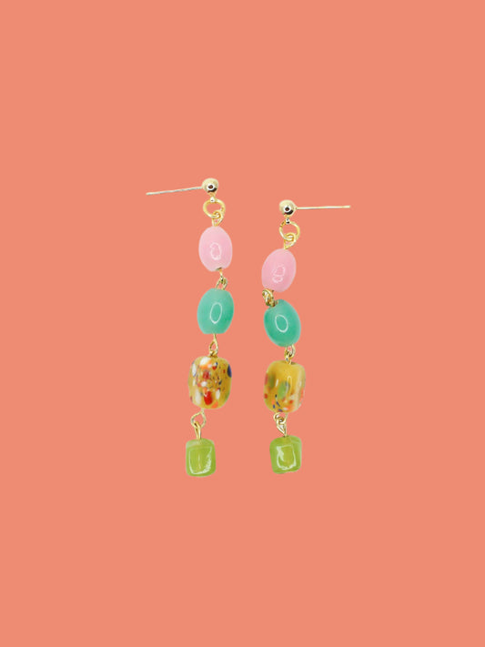 Colourful long glass bead dangle earrings in pink, green, yellow & turquoise hung from 24k gold plated ball studs