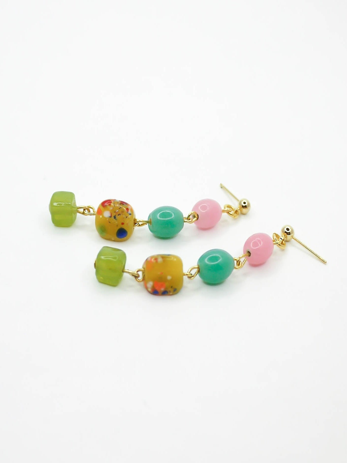 Colourful long glass bead dangle earrings in pink, green, yellow & turquoise hung from 24k gold plated ball studs