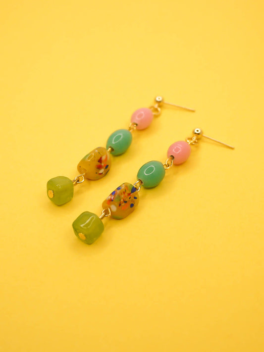 Colourful long glass bead dangle earrings in pink, green, yellow & turquoise hung from 24k gold plated ball studs