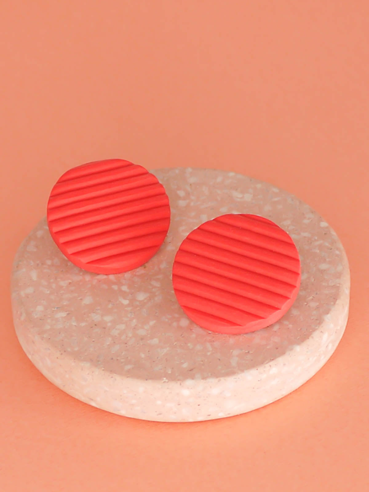 Coral disk polymer clay textured striped disk stud statement earrings