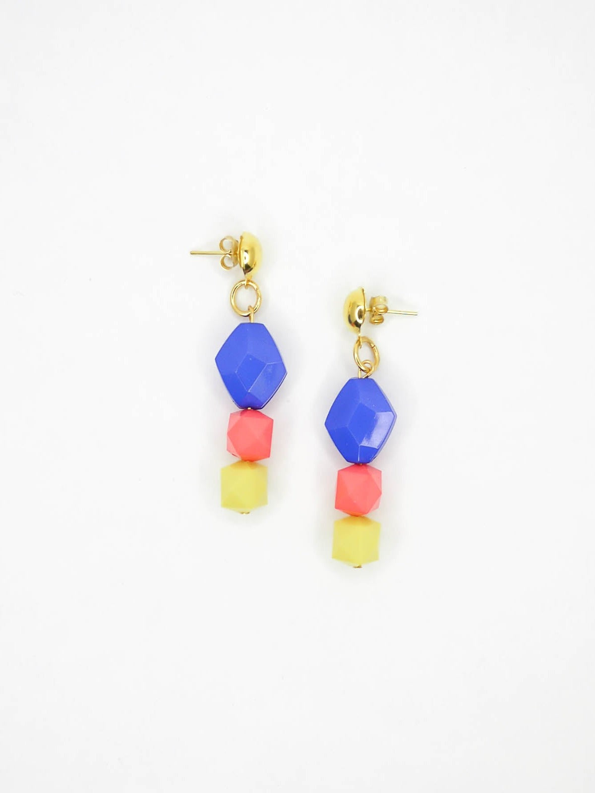 Colour block blue, pink & yellow faceted bead earrings