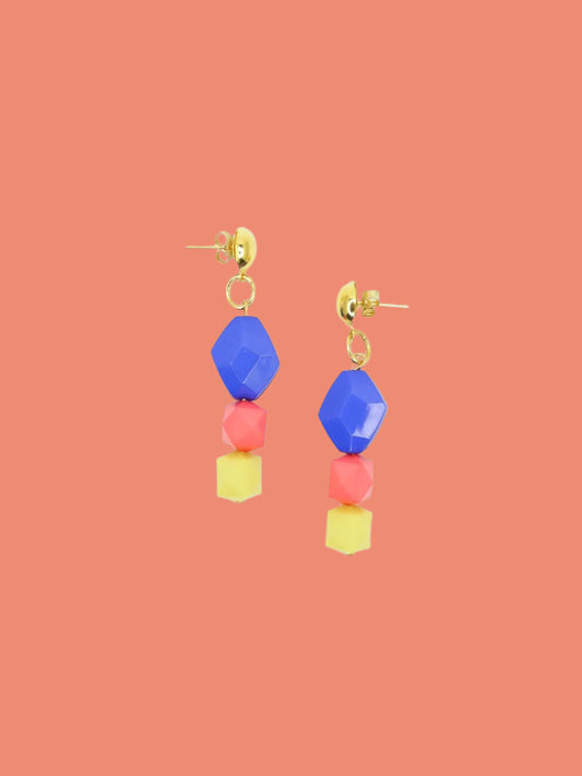 Colour block blue, pink & yellow faceted bead earrings