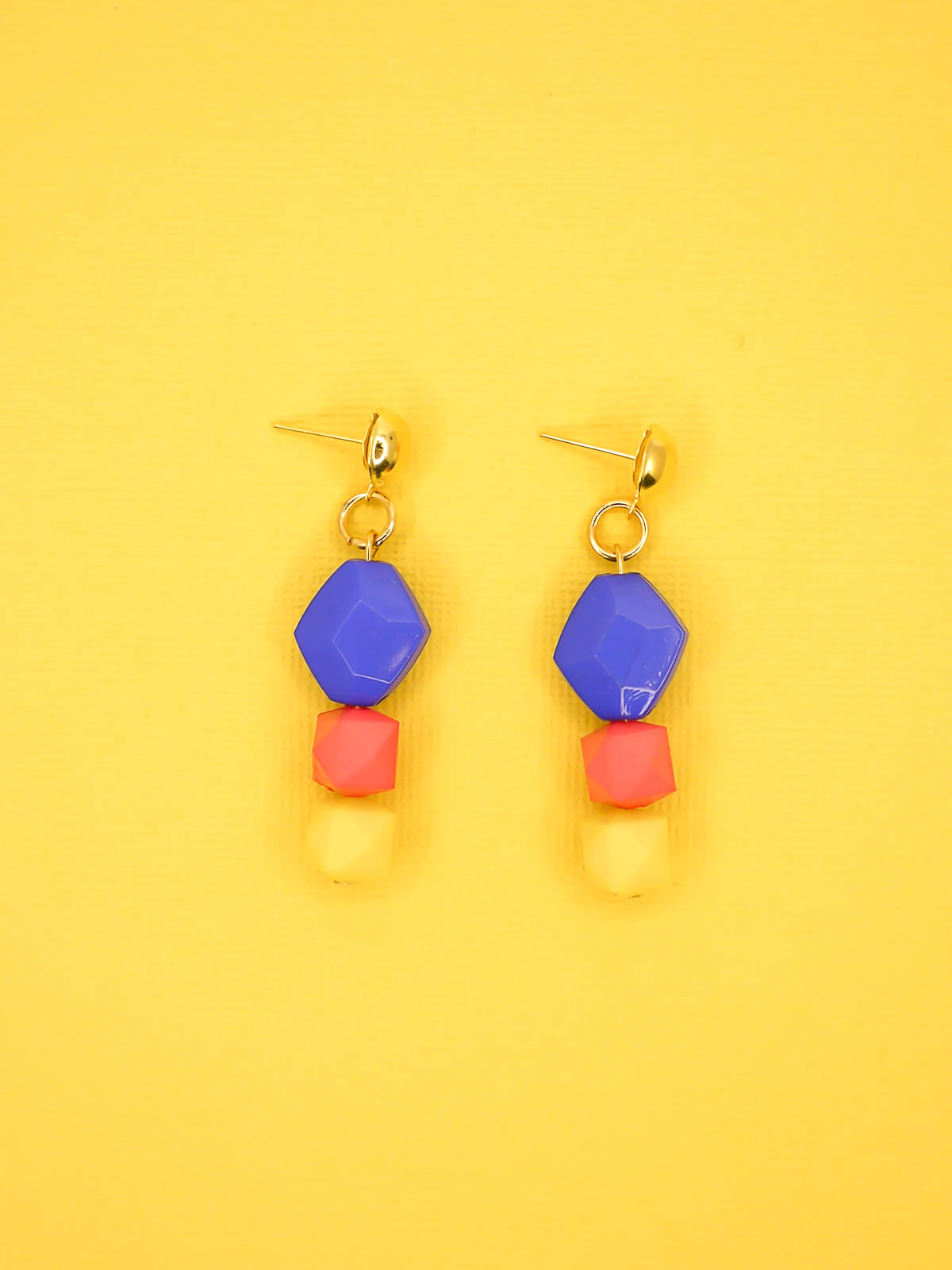 Colour block blue, pink & yellow faceted bead earrings