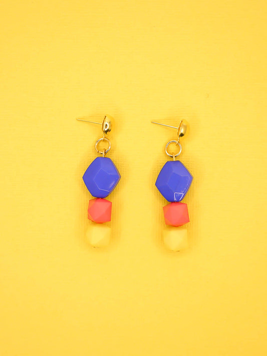 Colour block blue, pink & yellow faceted bead earrings